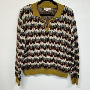 Palava Organic Cotton Aila Sweater (Size L) Mustard Jacquard Marbled Feather Art